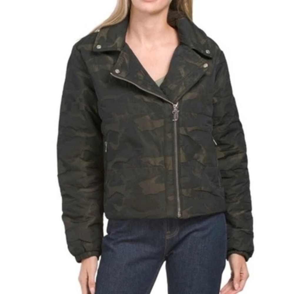 Juicy Couture Women’s Small Camo Puffer Moto Jacket Green Zip Front Quilted Y2K